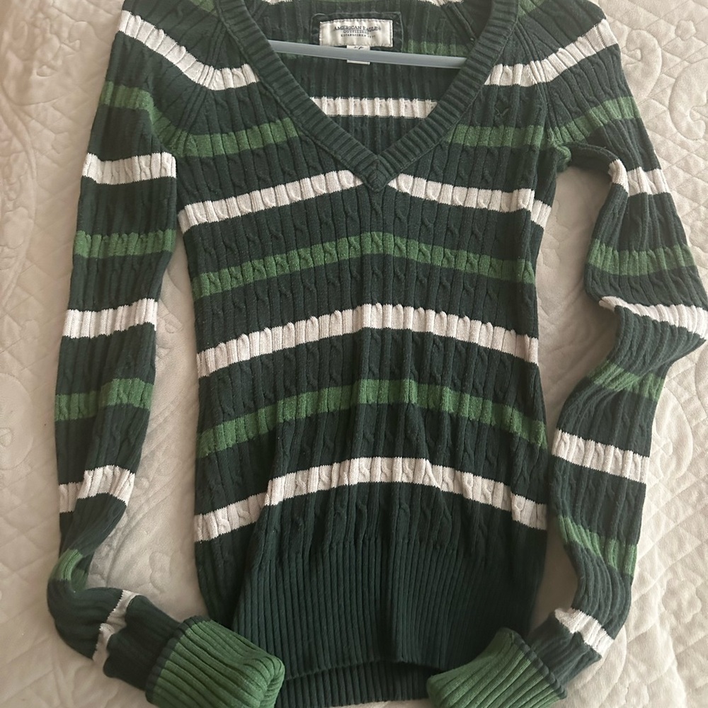 American Eagle Outfitters Green and White V-Neck Sweater